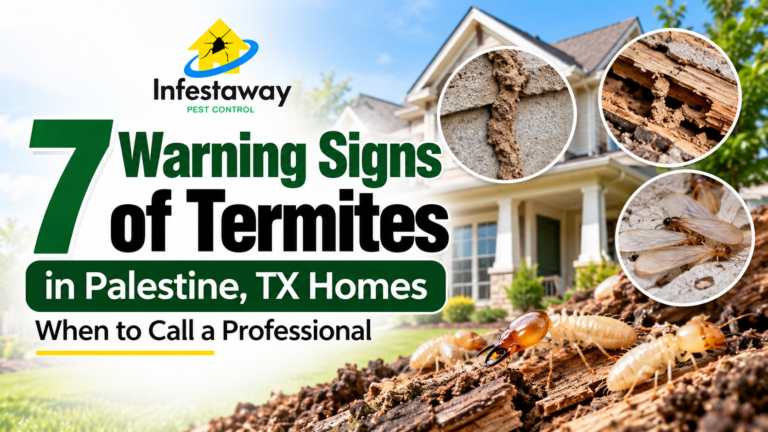 Infestaway guide showing seven warning signs of termites in Palestine, TX homes, with termites, mud tubes and damaged wood.